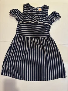 cold shoulder navy blue and white striped kids party dress (size L) - Picture 1 of 2