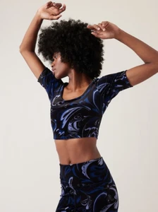 ATHLETA 70's Exhilarate VELVET Crop Top A-C PAISLEY Black & Blue Size SMALL $79 - Picture 1 of 5