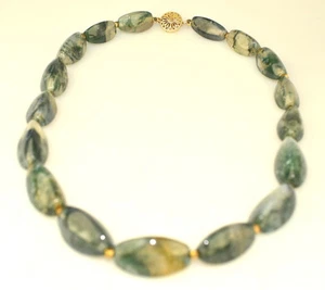 VINTAGE MOSS AGATE LARGE GRADUATED BEAD 19" NECKLACE W/ FANCY GOLD FILLED CLASP - Picture 1 of 7