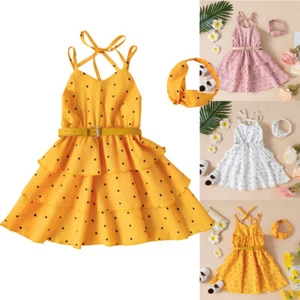 Toddler Baby Girls Dress Clothes Polka Dot Print Halter Skirts Headband Outfits - Picture 1 of 15