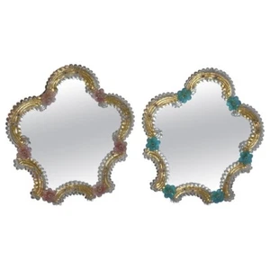 Pair of Antique Venetian Polychromed Shield Shaped Mirrors C1920 - Picture 1 of 11