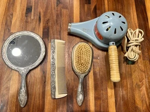 Vintage Silver Plated Vanity Set & Rex-Ray Hairdryer By Rexall Drug Co. - Picture 1 of 15