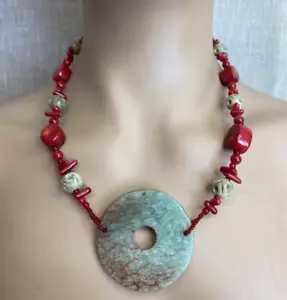 Red Bamboo Coral & Green Carved Soapstone Bead Necklace with 2" Donut Pendant - Picture 1 of 12