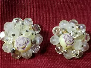 VINTAGE W. GERMANY GELBE CLUSTER GESCHNITZTE ROSETTENPERLE ACRYLPERLEN BRONZE CLIP - Bild 1 von 11
