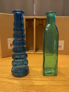Set of 2 Glass Bud Vases 7in Blue and Green - Picture 1 of 6