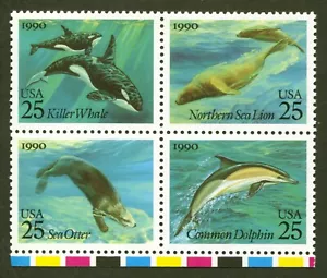 U.S. Sc# 2508-11 (2511a), Marine Mammals, 1990 VF/XF MNH Block of 4 Stamps - Picture 1 of 1