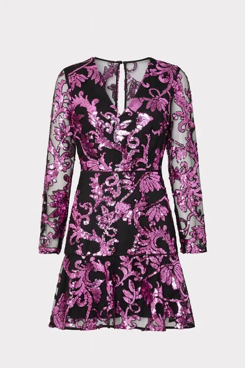 Mini Vestido MILLY Negro Rosa Lentejuelas Paisley Malla Transparente Manga 3/4 Cuello en V 8 EE. UU. = M Foto 1 de 4