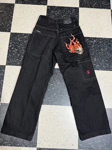 JNCO Jeans Flaming Skull Skateboard Wide Leg VTG Black 29 x 30 - Picture 1 of 16