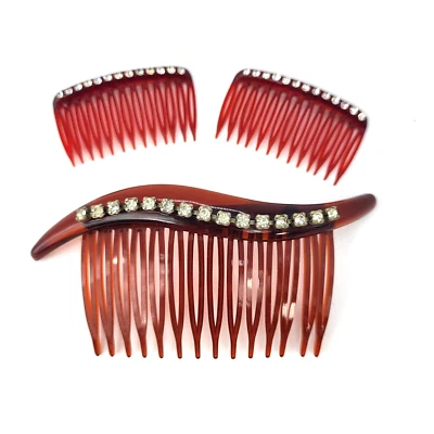 Vtg Hair Comb Set of 3 ART DECO Evening Bridal Rhinestone USA 2 Mini Goody Combs - Image 1 of 4