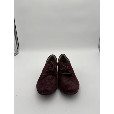 Taos Cobbler Suede Lace Up Oxford Low Heel Booties Floral Burgundy Metallic 6 - Image 1 of 2