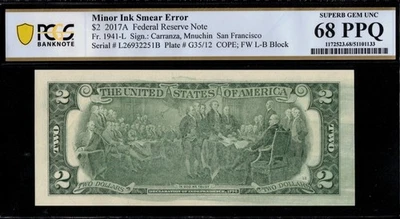 2017A $2 FRN "INKING -ERROR" P.C.G.S #68PPQ - Image 1 of 3