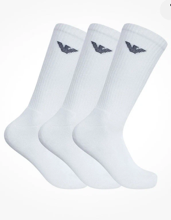 Pack de 3 EMPORIO ARMANI CALZA TENIS DEPORTIVO CALCETINES ACOLCHADOS PARA HOMBRE, BLANCOS Nuevos con etiquetas Foto 1 de 4