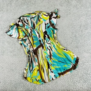 Blusa top vintage y2k verde/verde azulado/azul remolino paisley oficina sirena sedosa acanalada - Imagen 1 de 4