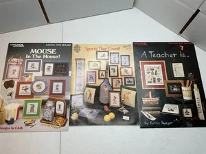 Lot Of 3 Cross Stitch Patterns Sports That Count Mouse In The House A Teacher Is - Picture 1 of 7