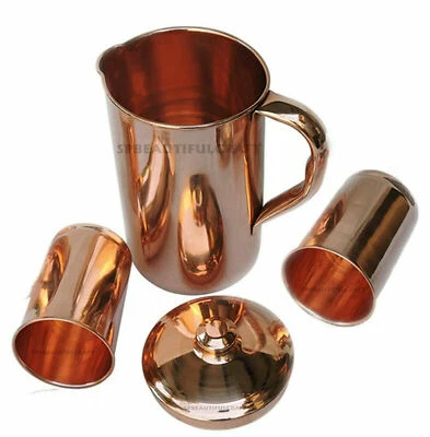 Pure Copper Water Pitcher Jug 1500ML Smooth Drinking Storage Tumbler Glass 300ML - Image 1 of 4