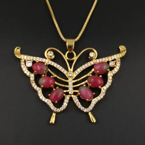 Red Green Blue Yellow Jade Butterfly 18KGP Cubic zirconia Lucky Pendant Necklace - Picture 1 of 23