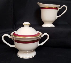 Picard Signature Burgundy China Creamer and Covered Sugar Bowl Ivory Gold Rim - Picture 1 of 12