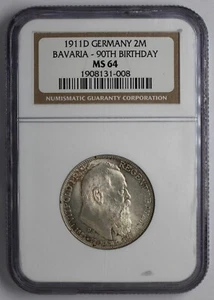 1911 D Germany Silver 2 Mark Bavaria 90th Birthday NGC MS 64 - Picture 1 of 5