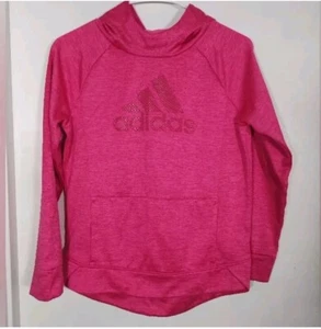 Adidas Hoodie Hot Pink Girl's L (14) Shimmer Logo Top Relaxed Fit Thumbholes - Picture 1 of 7