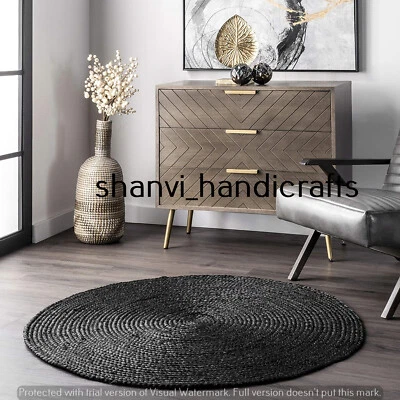 Black Color Bohemian Round Rug Jute Rug Braided Rug Jute Rug 6 Feet Area Rag Rug - Image 1 of 4