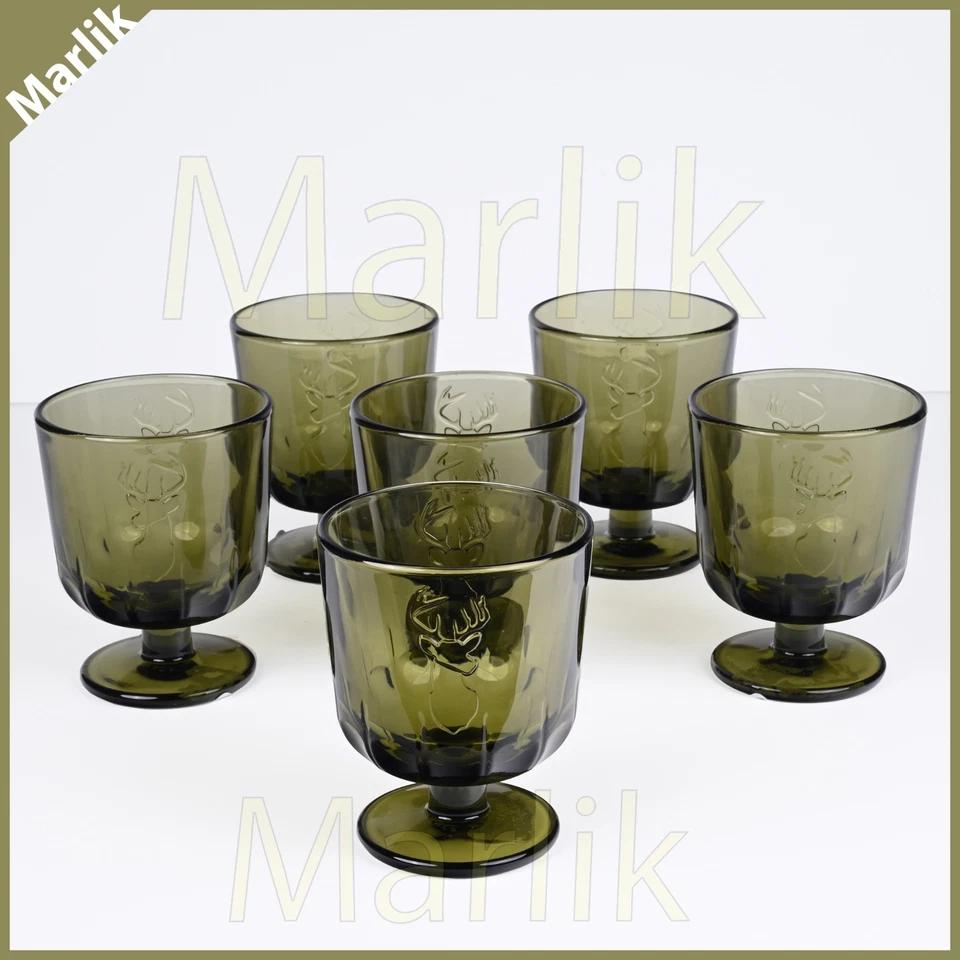 Juego de 6 vasos de vino con cabeza de ciervo LA ROCHERE, verde oliva, tallo corto 4" H Foto 1 de 4