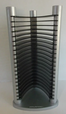 Vintage Atlantic 20 CD Tower Rack Holder Black Plastic & Silver Wood 14" Tall - Image 1 of 4