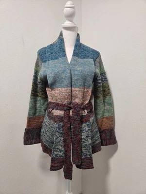 70s DE MURA SPACE DYED BLUE.ORANGE STRIPE BELTED KNIT MOD CARDIGAN SZ M - Image 1 of 4