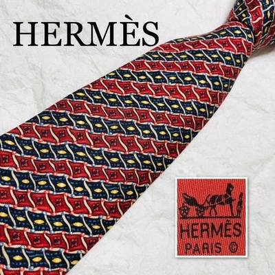 HERMES Tie Flag Check Regimental Stripe Style Allover 100 Silk Made i _#hr604 - Image 1 of 4