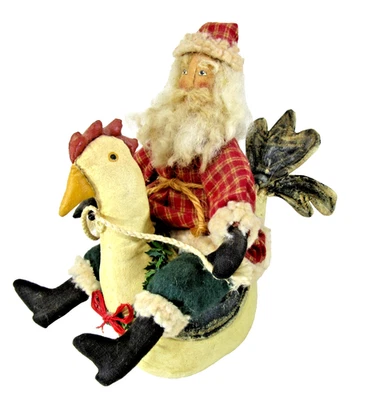 vtg Judy Grant folk art Santa doll on Chicken OOAK primitive handmade Xmas 1999 - Image 1 of 4