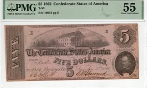 T-53 PF-3 1862 $5 Confederate Paper Money - PMG About Uncirculated 55! - Picture 1 of 2