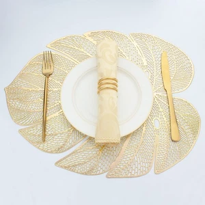 6 PCS Gold Leaf Shaped Vinyl Placemats, Metallic Plastic, Wipeable Table Mats - Picture 1 of 6