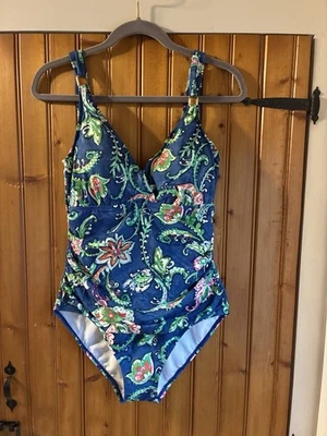 Traje de baño Lauren Ralph Lauren de una pieza para mujer talla 10 azul floral cachemira cuello en V Foto 1 de 4