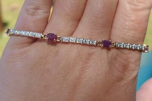 Vintage 18kt Yellow Gold On Sterling Silver & Natural Ruby Bracelet - 7" Long  - Picture 1 of 12
