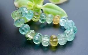18 HAND CARVED AAAA+ AQUAMARINE & HELIODOR LARGE CARVED BEADS *MELON FLOWERS