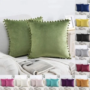 SAMT Kissenbezug mit Pompoms Kissenhülle Sofa Dekorative 30 40 45 50 55 60 65 cm - Bild 1 von 24