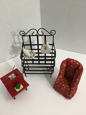 dollhouse miniatures 1:12 furniture lot W.Iron Bakers Rack, Chair, Desk Chickens