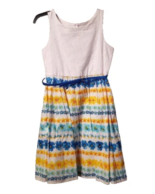 Vestido BLOOME Big Girl 14 Blanco Ojales y Amarillo/Azul Estampado Algodón Nuevo con Etiquetas $62 Foto 1 de 4