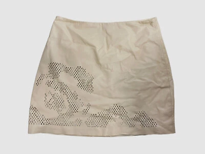 $675 Minifalda Halston Heritage Para Mujer Cuero Beige Corte Láser Frontal Talla 2 Foto 1 de 4
