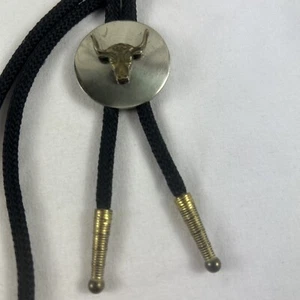 Steer Bolo Tie Brass On Stainless Circle Black Cotton Cord 34” Adjustable Bolero - Picture 1 of 5
