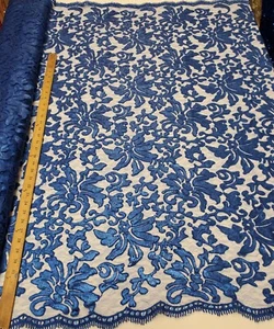 Royal Blue Floral Embroidery Nylon Crochet Mesh Sequin Fabric "The Beyonce Lace" - Picture 1 of 11