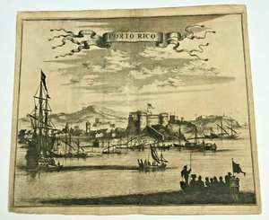 PUERTO RICO 1673 Arnold MONTANUS RARE LARGE ANTIQUE ENGRAVED VIEW 17TH CENTURY - Picture 1 of 4