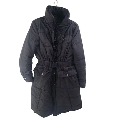 Abrigo acolchado Sean John largo medio cremallera completa con capucha aislante negro para mujer talla L Foto 1 de 4