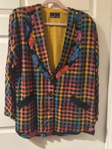 Carole Little WILD L XL Vintage Rayon Plaid Blazer Jacket Art-to-Wear - Picture 1 of 4