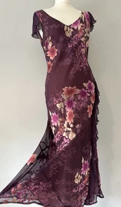 Monsoon Purple Pink Midi Maxi Silk Devore Ruffle Bias Long 90s Y2K Dress UK 14 - Picture 1 of 22