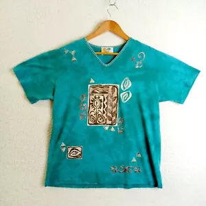 Copa Cabana Top Women's Medium Short Sleeve Turquoise Tribal Print Cotton/Poly - Picture 1 of 10