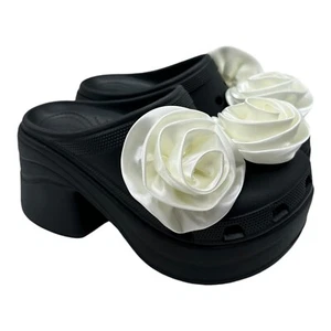 Crocs Siren Rosette Clog Women’s Size 8 Black White Flower Heels 210367-001 NWT - Picture 1 of 10