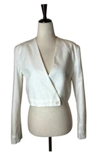 Zara Blazer Women Medium White Linen Blend V Neck Cropped Jacket Preppy - Picture 1 of 14