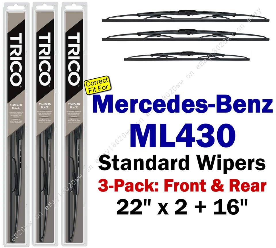 Paquete de 3 escobillas limpiaparabrisas delanteras traseras aptas para Mercedes-Benz ML430 1999 - 30221x2/30160 Foto 1 de 1