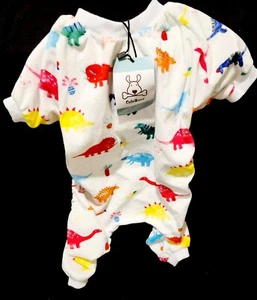 CuteBone Soft Puppy Pajamas Cute Dog Pjs Jumpsuit Pet Clothes, White Dino Size L - Picture 1 of 6