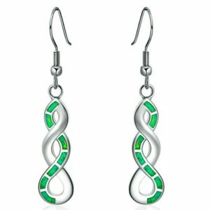 Lindos pendientes colgantes de plata esterlina de resina verde ópalo de fuego pretzel gancho torcido - Imagen 1 de 1